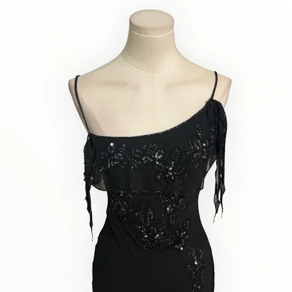 CACHE 100% Silk Black Asymmetrical Midi Dress Y2K 90’s 2 Beaded Sleeveless Party - Picture 3 of 8